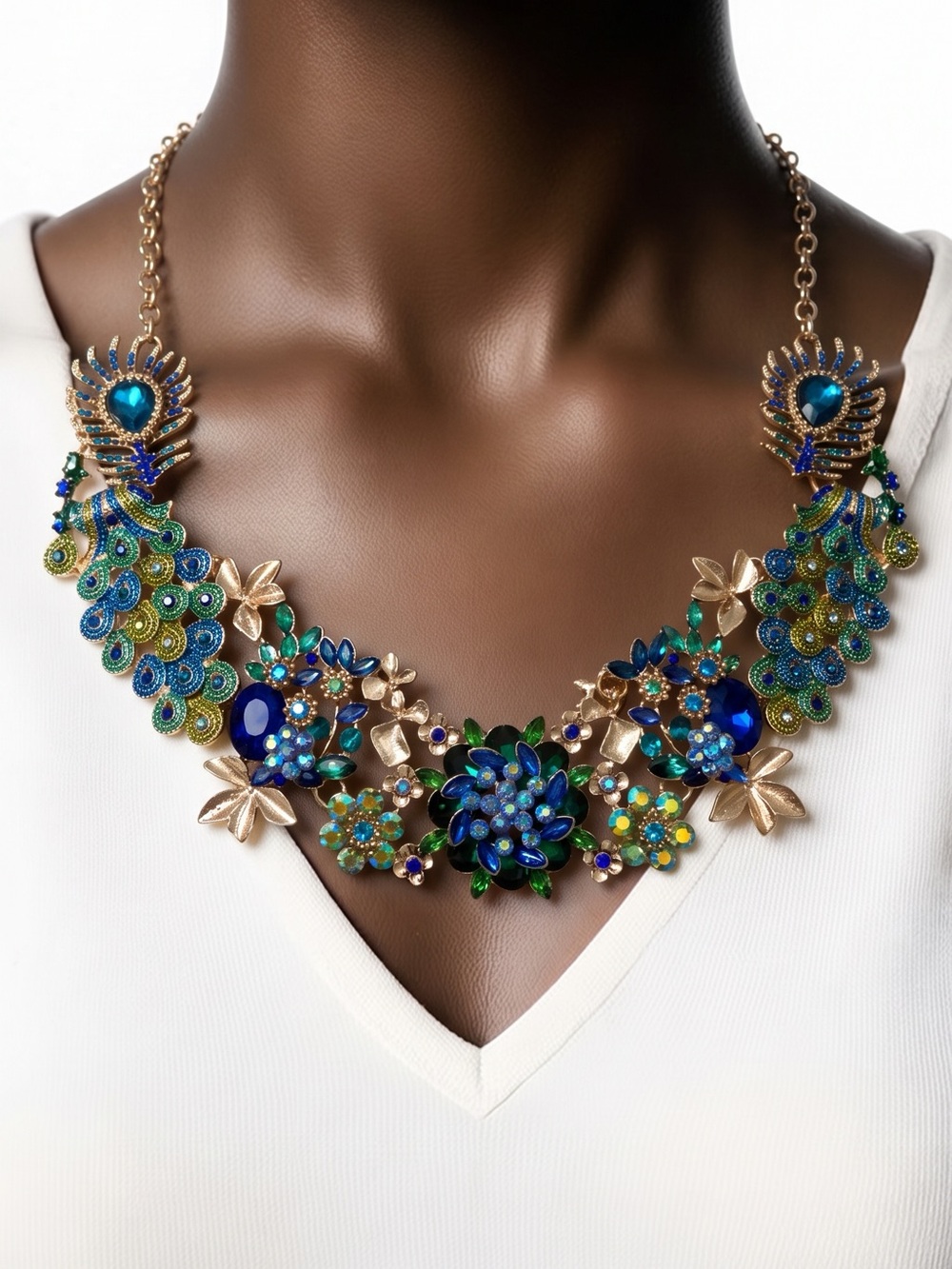 Natasha Couture Blue, Green & Gold Floral Peacock Necklace